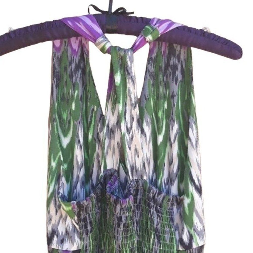 Neesha Maxi Dress Sleeveless Smocked Racerback Tie-dye Striped Ikat Green Sz M - Picture 7 of 8